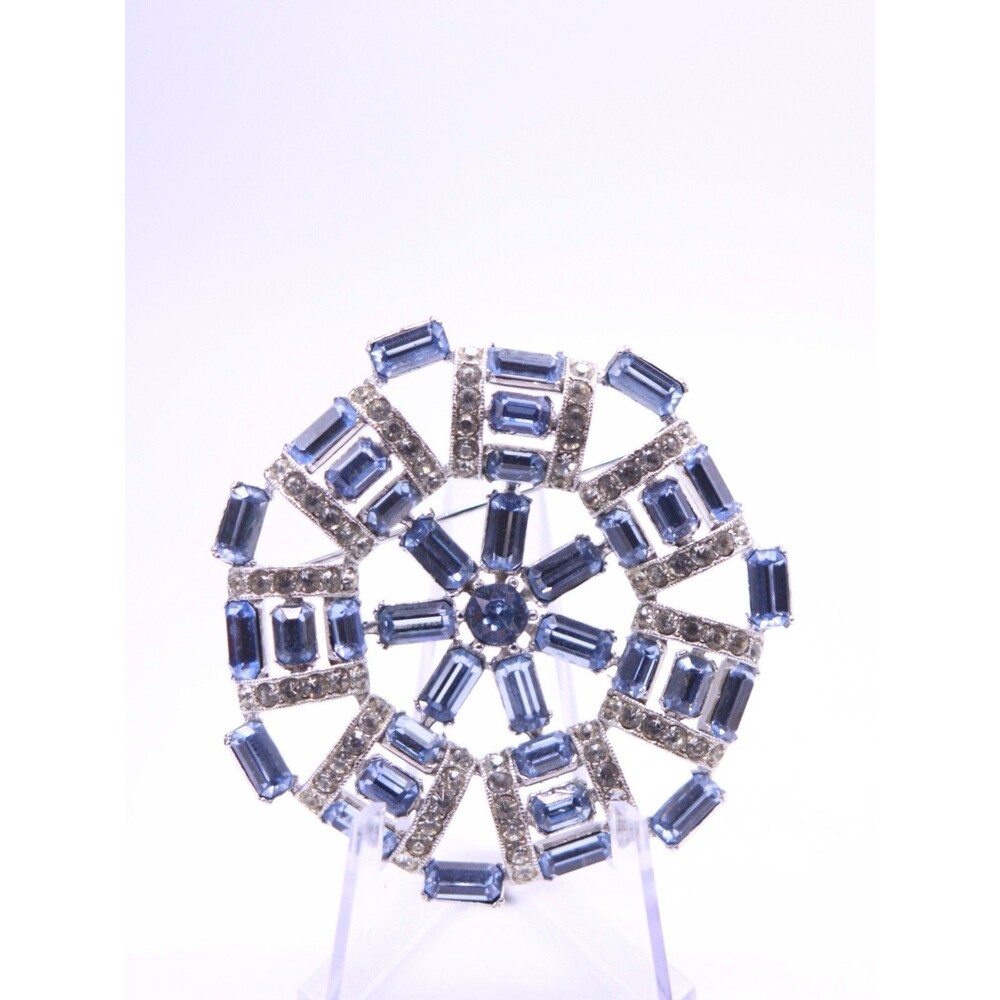 Vintage Bogoff Round Blue Rhinestone Silver Tone Wheel Shaped Brooch Pin